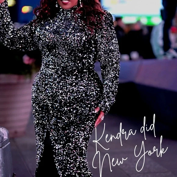 Silver Sequin Long Sleeve Gown with Mock Neck - Picture 6 of 11